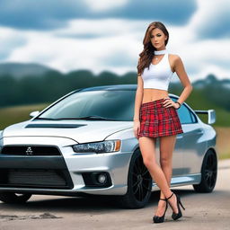 Create a magazine-shoot style photo featuring a silver Mitsubishi Lancer Evolution X with black wheels
