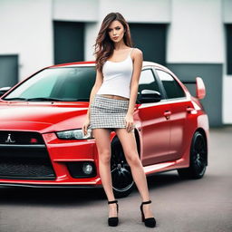 Create a magazine-shoot style photo featuring a silver Mitsubishi Lancer Evolution X with black wheels