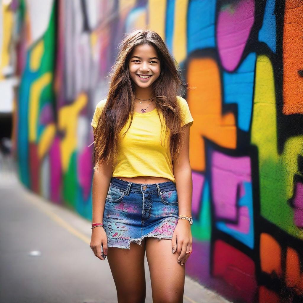 A young girl wearing a miniskirt, standing confidently with a bright smile