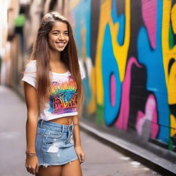 A young girl wearing a miniskirt, standing confidently with a bright smile