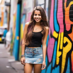 A young girl wearing a miniskirt, standing confidently with a bright smile