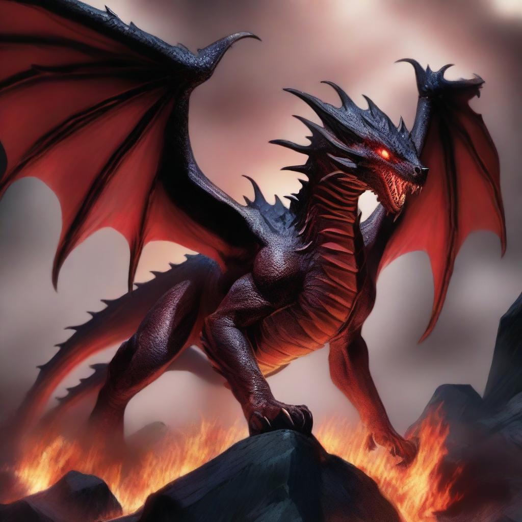 A large red and black dark-elf dragon, depicted in a Dungeons and Dragons style, is swooping down from the sky