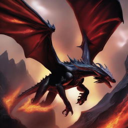 A large red and black dark-elf dragon, depicted in a Dungeons and Dragons style, is swooping down from the sky