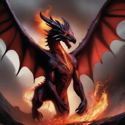 A large red and black dark-elf dragon, depicted in a Dungeons and Dragons style, is swooping down from the sky