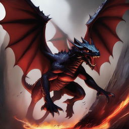 A large red and black dark-elf dragon, depicted in a Dungeons and Dragons style, is swooping down from the sky