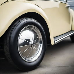 A detailed close-up image of a Volkswagen Beetle wheel, showcasing the unique design and classic aesthetic of the vintage car