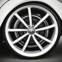 A detailed close-up image of a Volkswagen Beetle wheel, showcasing the unique design and classic aesthetic of the vintage car