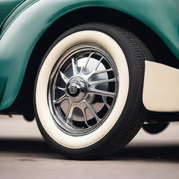 A detailed close-up image of a Volkswagen Beetle wheel, showcasing the unique design and classic aesthetic of the vintage car