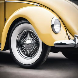 A detailed close-up image of a Volkswagen Beetle wheel, showcasing the unique design and classic aesthetic of the vintage car