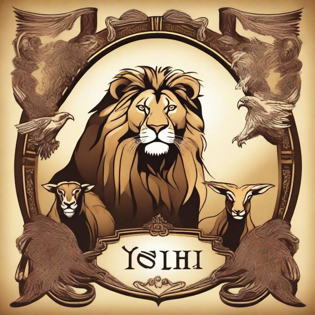 An artistic representation featuring a lion, an eagle, a bull, and a lamb, with the name 'Yeshua' prominently displayed