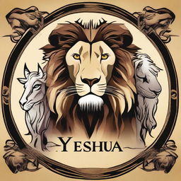 An artistic representation featuring a lion, an eagle, a bull, and a lamb, with the name 'Yeshua' prominently displayed