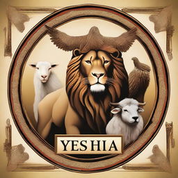 An artistic representation featuring a lion, an eagle, a bull, and a lamb, with the name 'Yeshua' prominently displayed