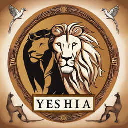 An artistic representation featuring a lion, an eagle, a bull, and a lamb, with the name 'Yeshua' prominently displayed