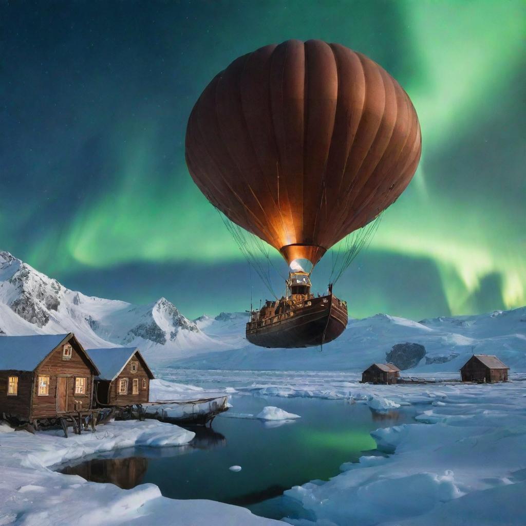 Imagine a steampunk Greenland, encapsulating harsh ice landscapes softened by coppery gear-structures, remote villages transformed into steam-powered communities, and the aurora borealis illuminating futuristic, floating airships.