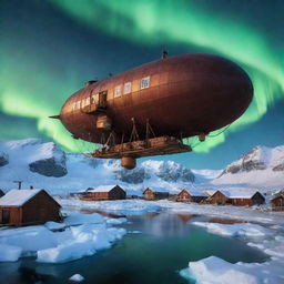 Imagine a steampunk Greenland, encapsulating harsh ice landscapes softened by coppery gear-structures, remote villages transformed into steam-powered communities, and the aurora borealis illuminating futuristic, floating airships.