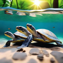 Create a YouTube thumbnail without text that shows turtles in a natural environment facing intense heat