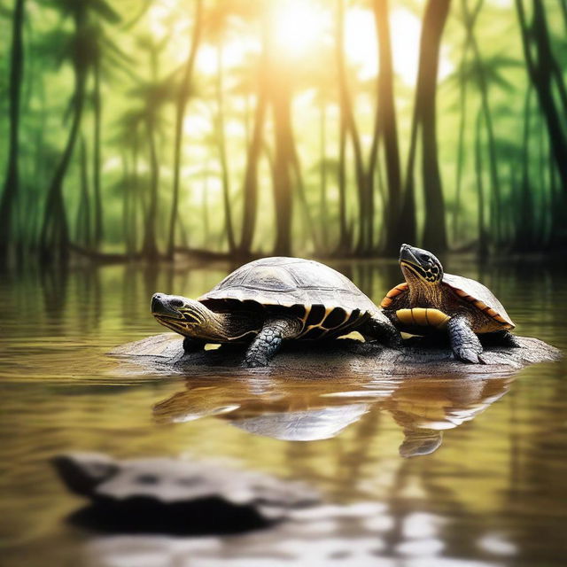 Create a YouTube thumbnail without text that shows turtles in a natural environment facing intense heat