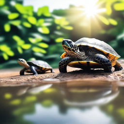 Create a YouTube thumbnail without text that shows turtles in a natural environment facing intense heat