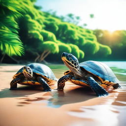 Create a YouTube thumbnail without text that shows turtles in a natural environment facing intense heat