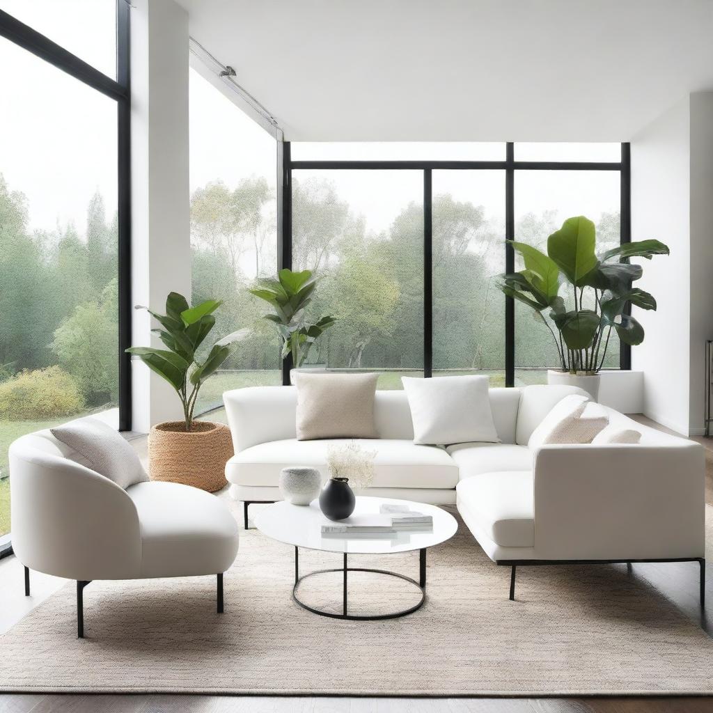 A modern living room featuring a sleek white sofa at the center