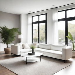 A modern living room featuring a sleek white sofa at the center