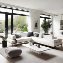 A modern living room featuring a sleek white sofa at the center