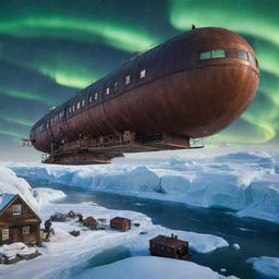 Imagine a steampunk Greenland, encapsulating harsh ice landscapes softened by coppery gear-structures, remote villages transformed into steam-powered communities, and the aurora borealis illuminating futuristic, floating airships.