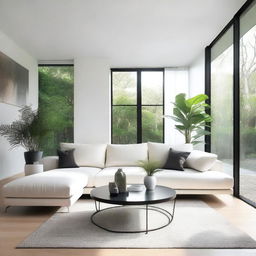 A modern living room featuring a sleek white sofa at the center