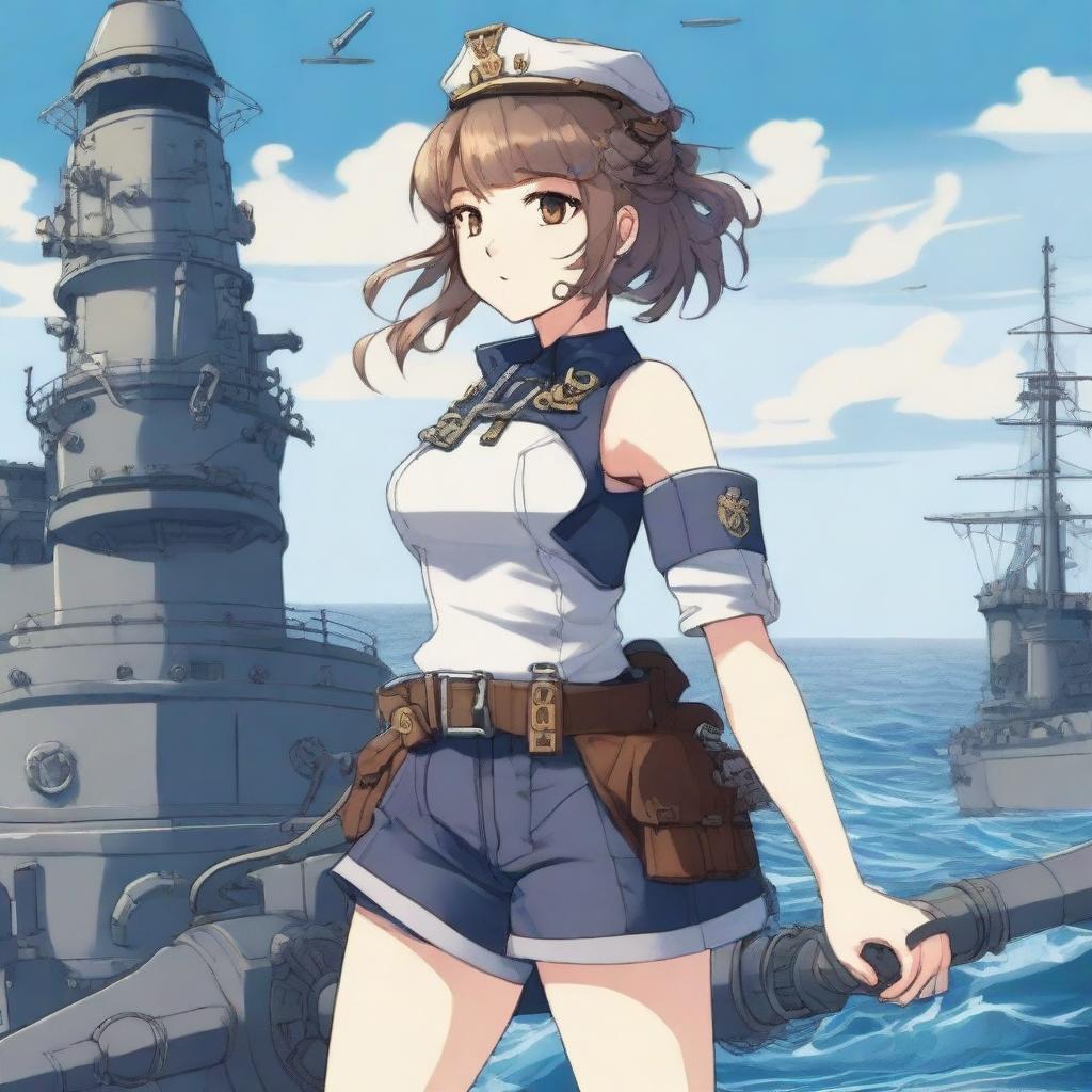 A detailed illustration of a shipgirl, a character that is a fusion between a naval warship and a young girl