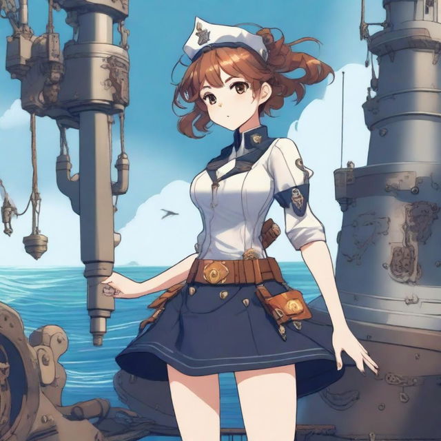 A detailed illustration of a shipgirl, a character that is a fusion between a naval warship and a young girl