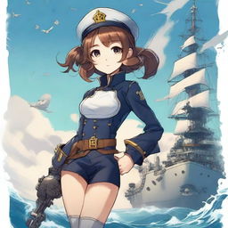 A detailed illustration of a shipgirl, a character that is a fusion between a naval warship and a young girl