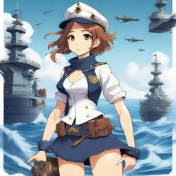 A detailed illustration of a shipgirl, a character that is a fusion between a naval warship and a young girl