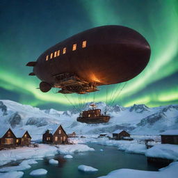 Imagine a steampunk Greenland, encapsulating harsh ice landscapes softened by coppery gear-structures, remote villages transformed into steam-powered communities, and the aurora borealis illuminating futuristic, floating airships.