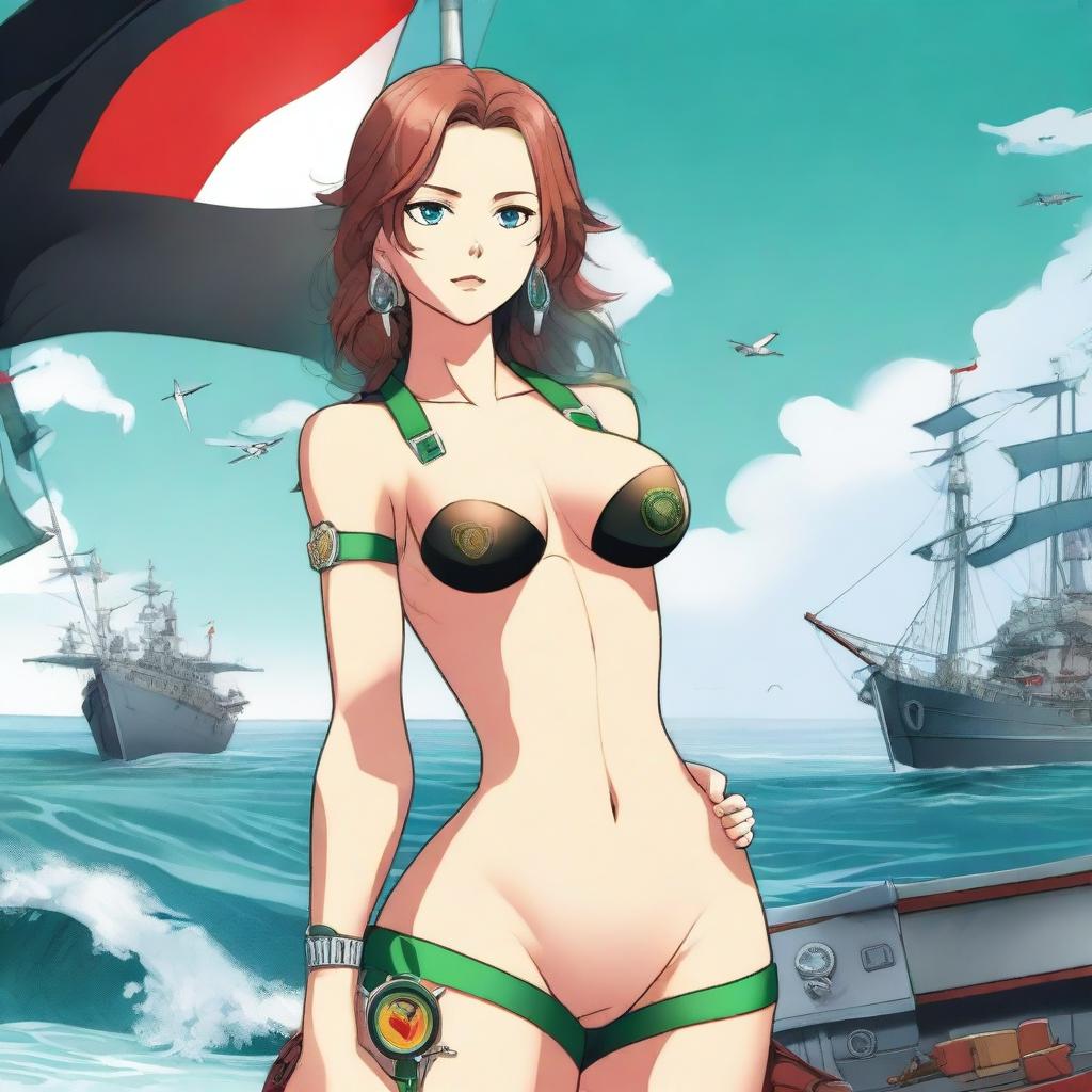 A detailed illustration of a 22-year-old shipgirl with emerald eyes, medium-sized breasts, and a height of 5'4''