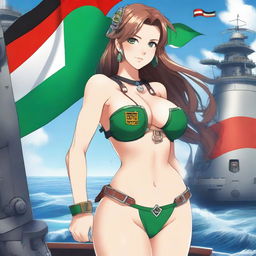 A detailed illustration of a 22-year-old shipgirl with emerald eyes, medium-sized breasts, and a height of 5'4''