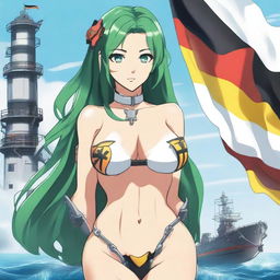 A detailed illustration of a 22-year-old shipgirl with emerald eyes, medium-sized breasts, and a height of 5'4''