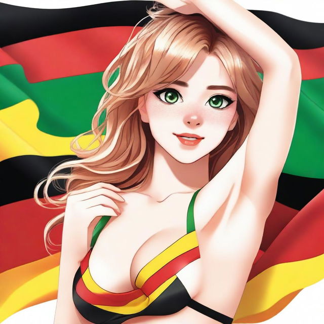 A detailed illustration of a cute 22-year-old girl with emerald eyes, medium-sized breasts, and a height of 5'4''