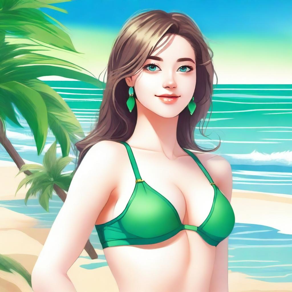 A detailed illustration of a cute 24-year-old girl with emerald eyes, medium-sized breasts, and a height of 5'4''