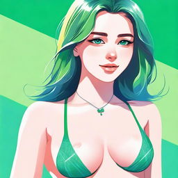 A detailed illustration of a cute 24-year-old girl with emerald eyes, medium-sized breasts, and a height of 5'4''