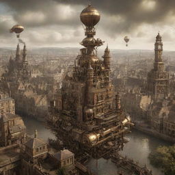 A steampunk-inspired view of the United Kingdom, featuring London's iconic landmarks merged with Victorian-era mechanical constructs, the moors of Scotland hosting steam-powered machines, and Wales' landscapes enchanted with intricate airship designs.