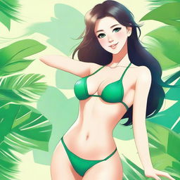 A detailed illustration of a cute 24-year-old girl with emerald eyes, medium-sized breasts, and a height of 5'4''