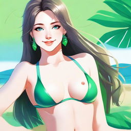 A detailed illustration of a cute 24-year-old girl with emerald eyes, medium-sized breasts, and a height of 5'4''