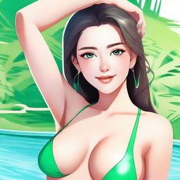 A detailed illustration of a cute 24-year-old girl with emerald eyes, 36 D cup size breasts, and a height of 5'4''