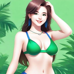 A detailed illustration of a cute 24-year-old girl with emerald eyes, 36 D cup size breasts, and a height of 5'4''