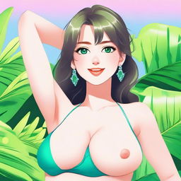 A detailed illustration of a cute 24-year-old girl with emerald eyes, 36 D cup size breasts, and a height of 5'4''