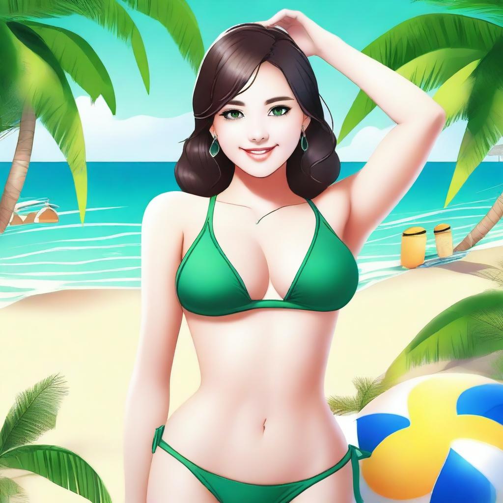 A detailed illustration of a cute 24-year-old girl with emerald eyes, 36 D cup size breasts, and a height of 5'4''