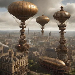 A steampunk-inspired view of the United Kingdom, featuring London's iconic landmarks merged with Victorian-era mechanical constructs, the moors of Scotland hosting steam-powered machines, and Wales' landscapes enchanted with intricate airship designs.