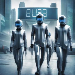 The cover shows a group of people dressed in futuristic suits and technological visors, in an advanced but gloomy urban landscape