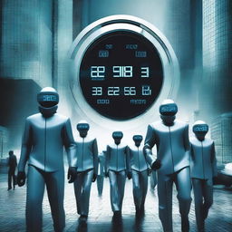 The cover shows a group of people dressed in futuristic suits and technological visors, in an advanced but gloomy urban landscape