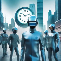 The cover shows a group of people dressed in futuristic suits and technological visors, in an advanced but gloomy urban landscape